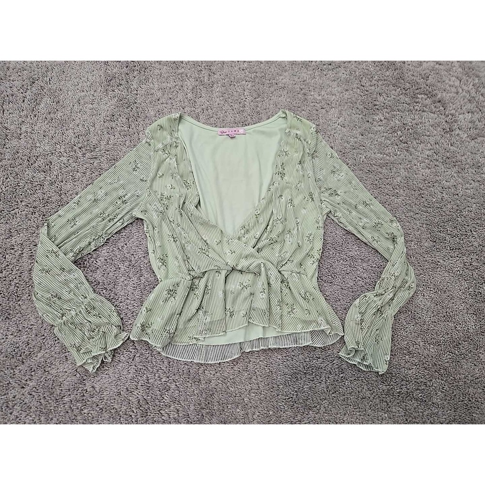 Crave Fame Top Womens L Green Floral Wrap Peplum Long Sleeve Lined Cottagecore